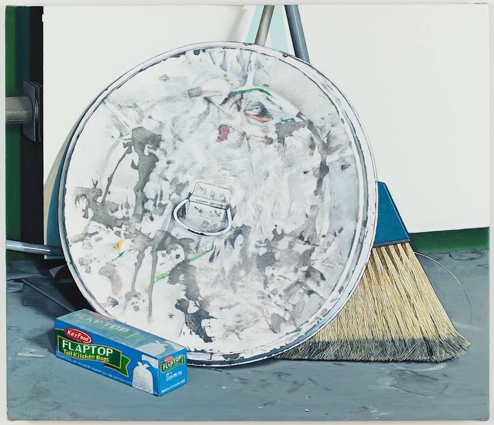 Oil on canvas painting depicting a dirty round metal trash can lid leaning against a broom with a box of trash bags sitting on the ground in front of the lid.