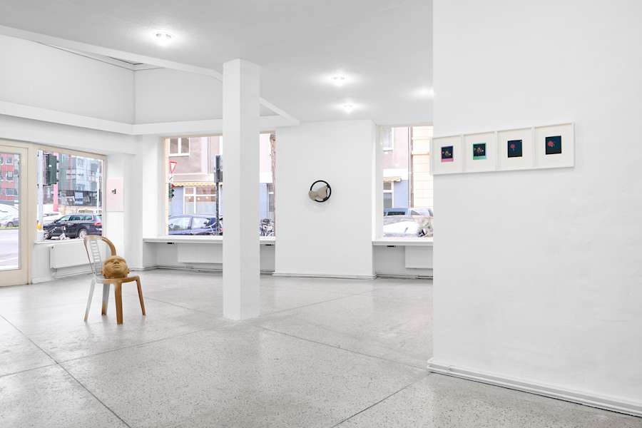 Image of artworks installed in our new Cologne gallery, ECHO, with the inaugural exhibition NEW MEMORIES on view. On the left is a sculpture by Marina Xenofontos, followed by a sculpture by Gizela Mickiewicz on the center wall and a row of photographs by Ketuta Alexi-Meskhishvili on the right.