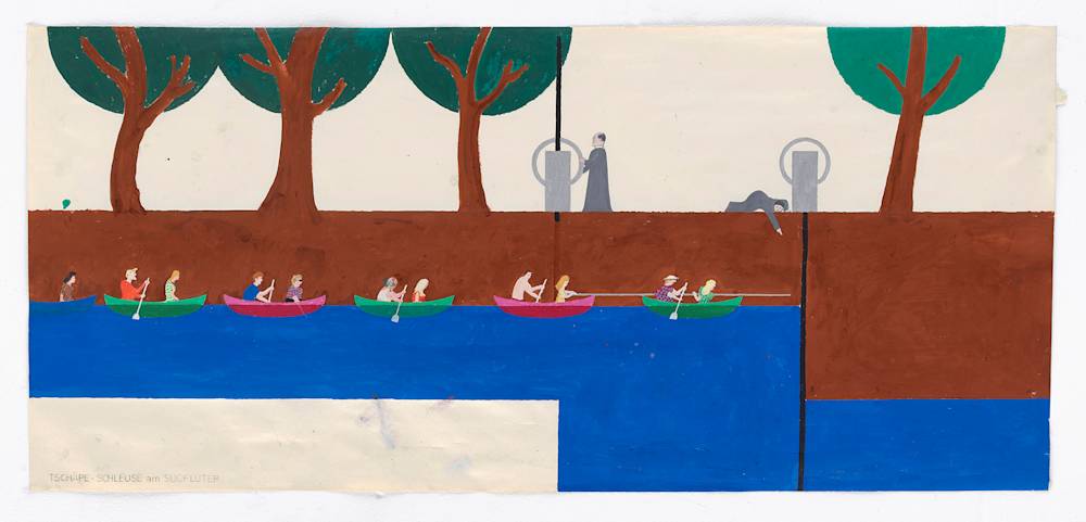 A work on paper rendered in pencil and paint with a series of abstracted, cartoon-like figures rowing down a canal. There are trees beside the canal. The paper is irregularly shaped.