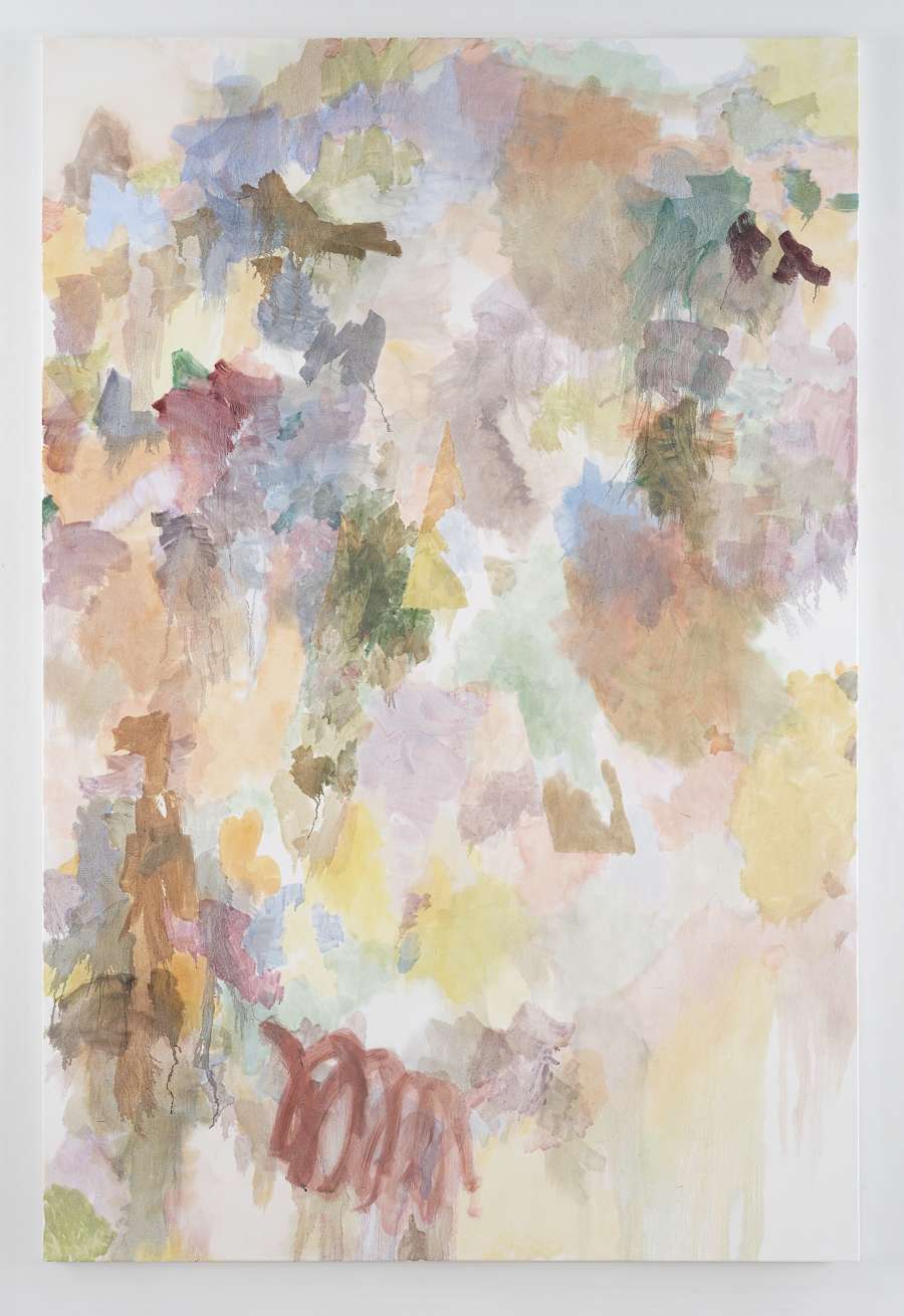 Oil on canvas painting by Viktor Kopp depicting a multicolor application of thin, washy paint in an abstract and gestural manner. At the center of the canvas there is a faint image of a large letter "A"