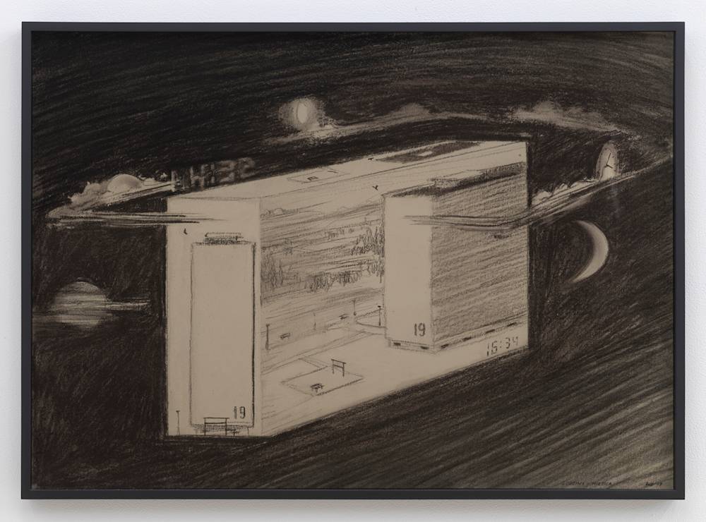 In a black frame, a pencil drawing depicting an abstract space resembling a dreamscape. The drawing in behind tinted glass.