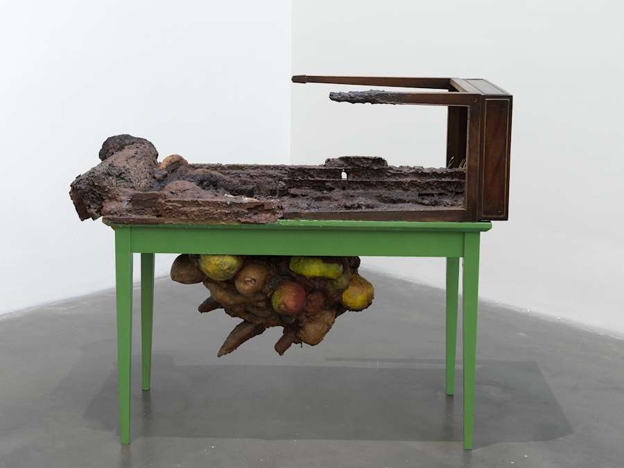 A free standing sculpture resembling a table with additional legs attached to the top. In the center is a large form growing out of the sculpture that resembles fungi or other vegetation.