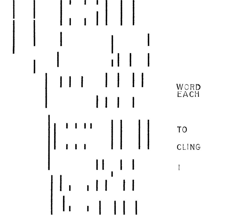 Image of a black and white scan of a player piano music roll, with vertical dotted lines corresponding to the keys that would play, with song lyrics in the margin that state "I cling to each word" when read bottom to top.