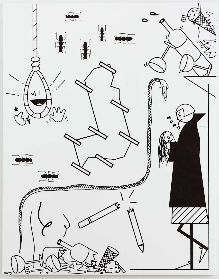 Oil on canvas painting depicting a scene with a headless snake, a smiling cartoon noose, falling and broken bottles and glasses of wine, and a person in a trench coat leaning against a wall smoking a pipe holding a skull in their hands.