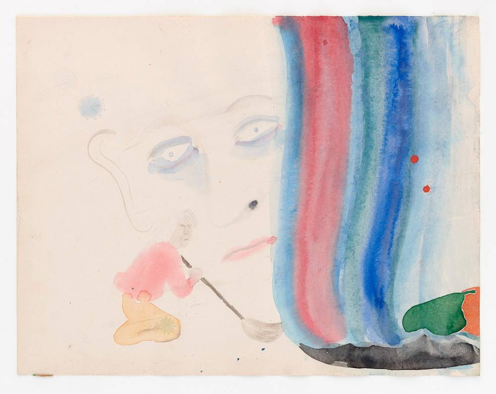 A small work on paper rendered in watercolor with an abstract cartoon-like face with a wash of rainbow hair being swept by a smaller abstracted figure.
