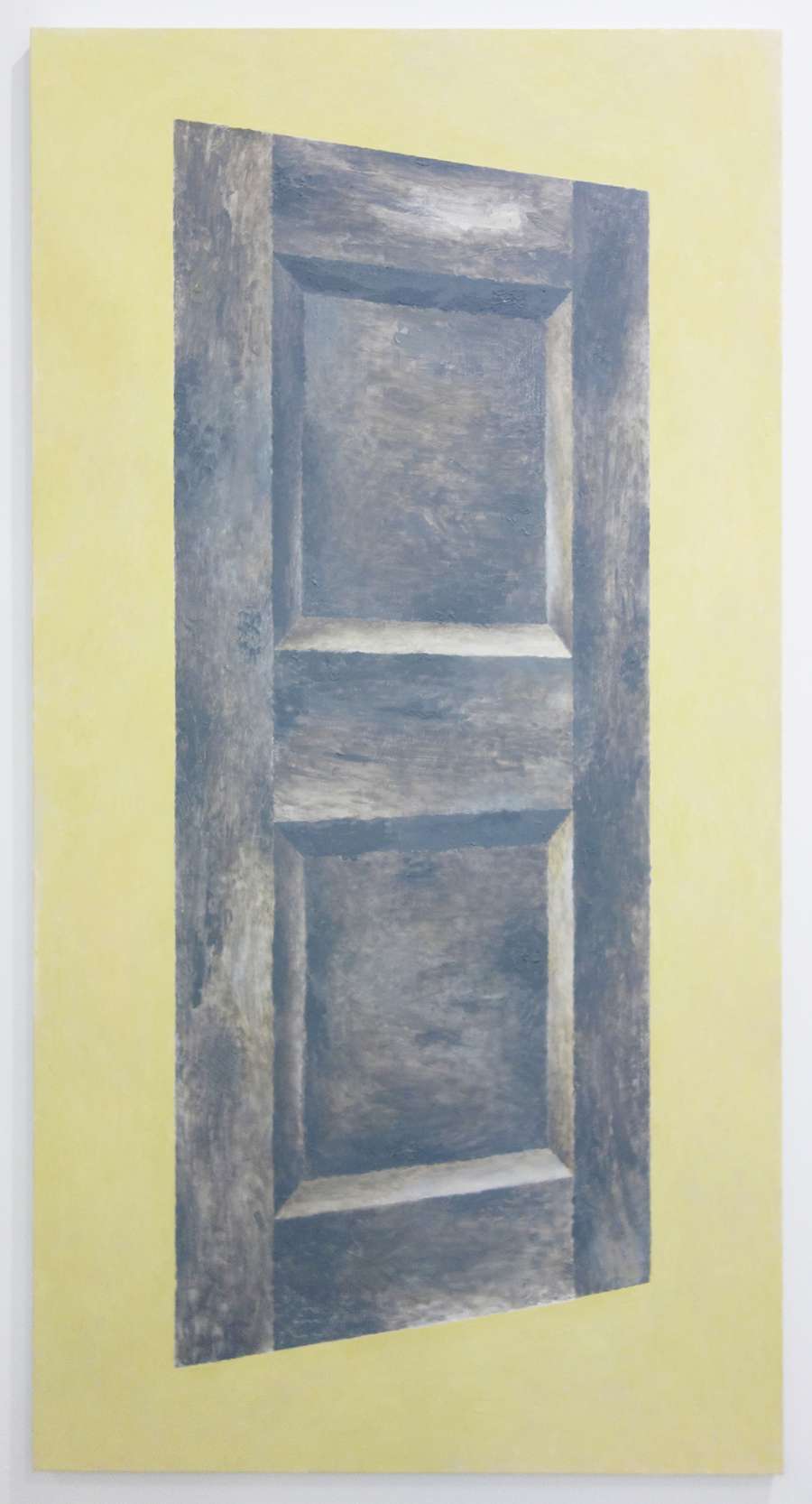 Oil on canvas painting by Viktor Kopp depicting a brown door at a skewed perspective in the center of the canvas against a yellow background.