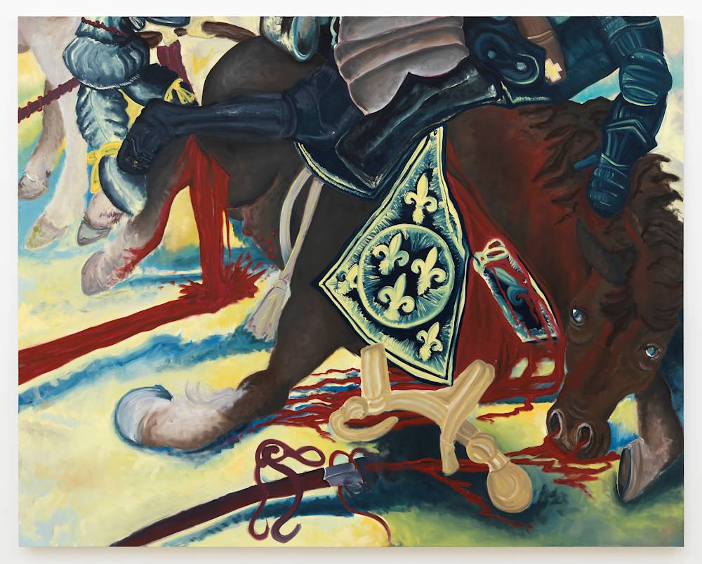 A large abstracted painting of cartoon-like horse and its rider collapsing in a battle field.
