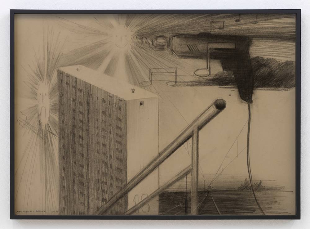 An abstracted pencil drawing behind tinted glass in a black frame. There are musical notes, a handrail, a large building project, and a sun beams.