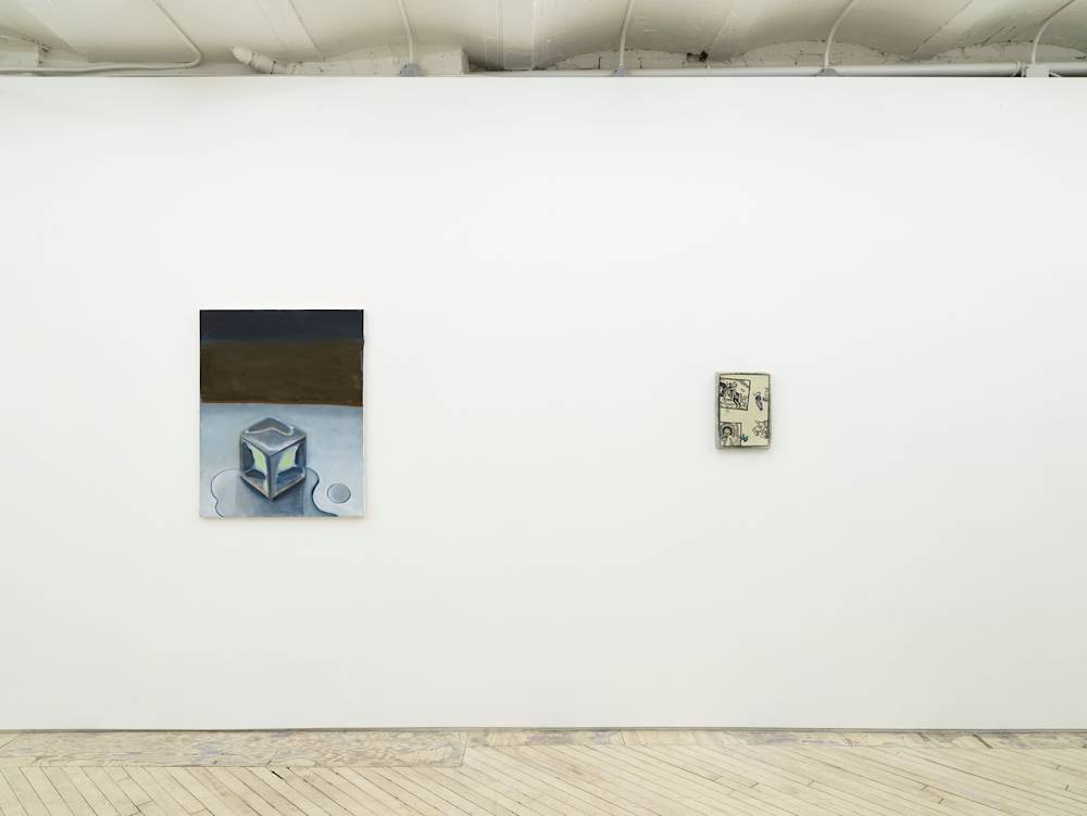 In a gallery space with white walls and wooden floors, two small paintings are hung evenly spaced apart. The painting on the left depicts a cubic form resembling an ice cube with a dark brownish-blue background. The painting on the right resembles an illustration. The dominant color is a warm white. The painting is in an irregularly shaped frame.