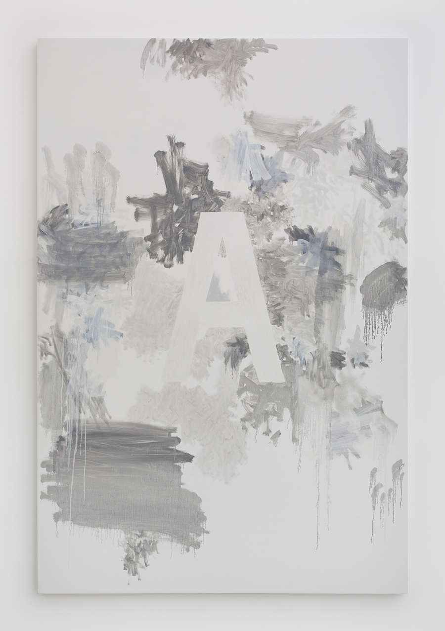 Oil on canvas painting by Viktor Kopp depicting a black and white (mostly white) application of thin, washy paint in an abstract and gestural manner. At the center of the canvas there is an image of the letter "A" in negative space.