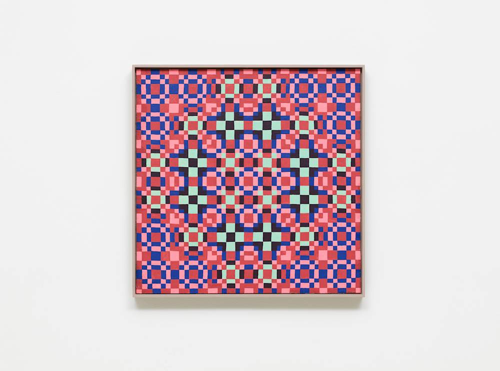 A colorful, intricate grid painting installed on a white wall.