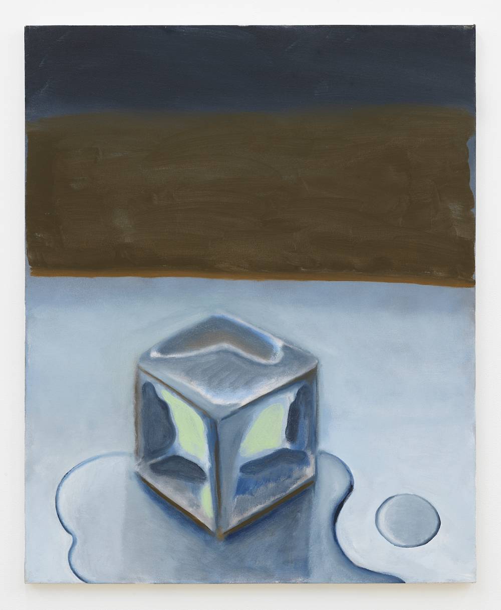 A painting depicting an abstracted cube resembling a melting ice cube. In the background is a brownish-blue wash of color.