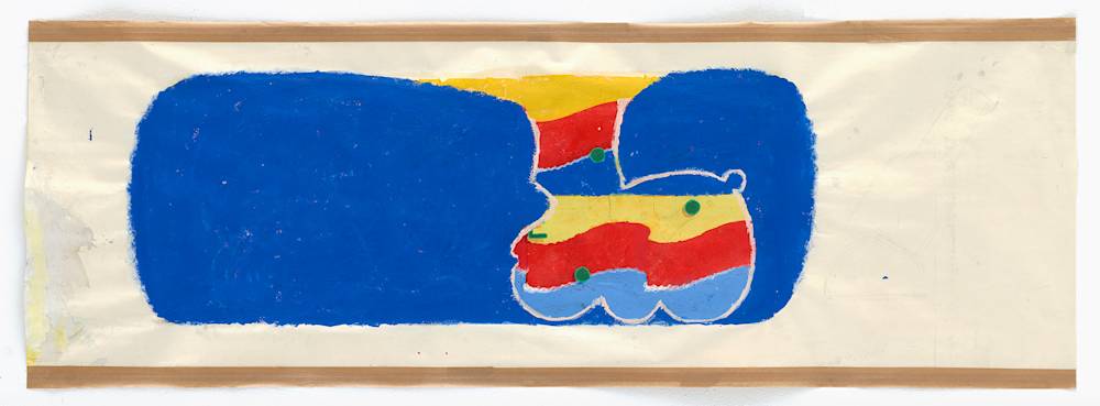 A scroll-like drawing with an abstract blue, red, and yellow form. On the top and bottom are bars of brown material.