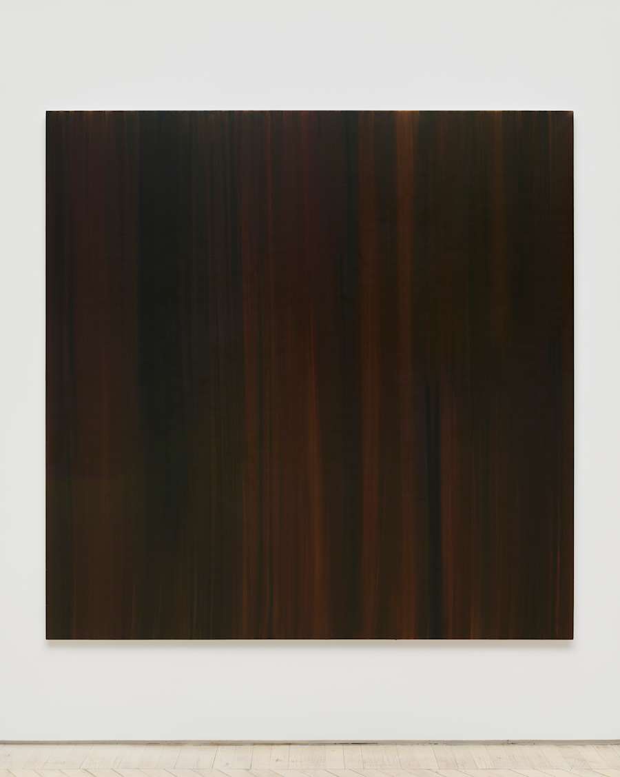 A large square, abstract painting rendered in a range of dark browns.