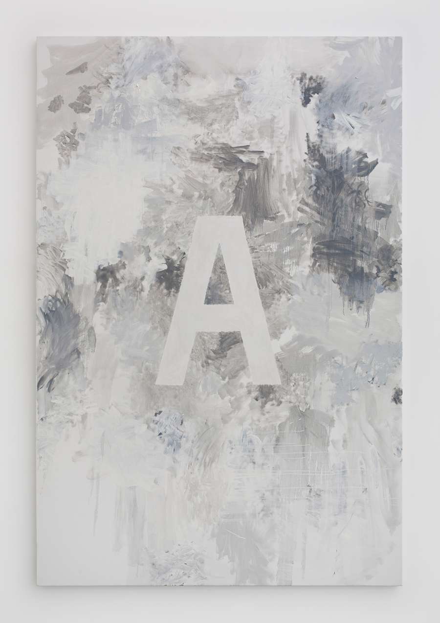 Oil on canvas painting by Viktor Kopp depicting a black and white application of thin, washy paint in an abstract and gestural manner. At the center of the canvas there is an image of the letter "A" in negative space.