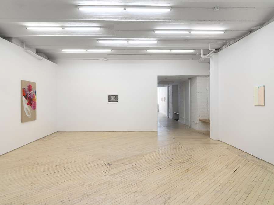 In a gallery space, a vertical abstract painting on raw linen with bright areas of reds and pinks resembling flowers. On the center wall is a small black and white drawing in a white frame. On the right wall is a small monochromatic painting painted in hues of white and pink. In the background is a long hallway entering another gallery space.