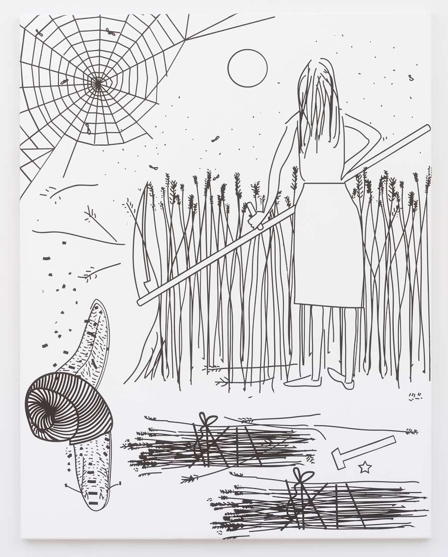 An oil on canvas painting depicting a person facing away from the viewer with a reaper cutting a field of wheat. There is a spiderweb in the top left corner and a oversized snail in the bottom left.