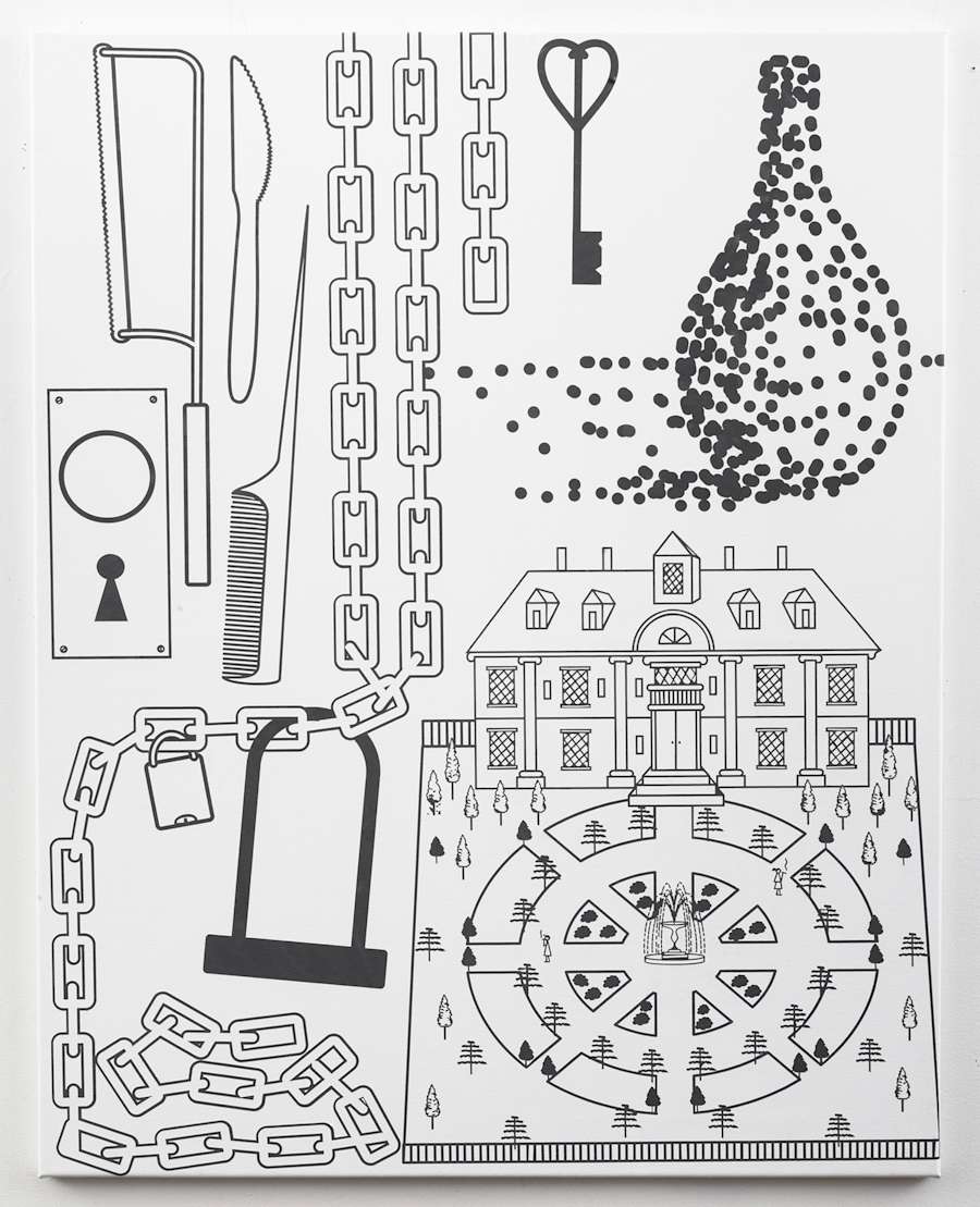 Image of an oil on canvas painting depicting a number of objects: knife, saw, comb, key, chains, bike lock, and an estate with an ornate garden.