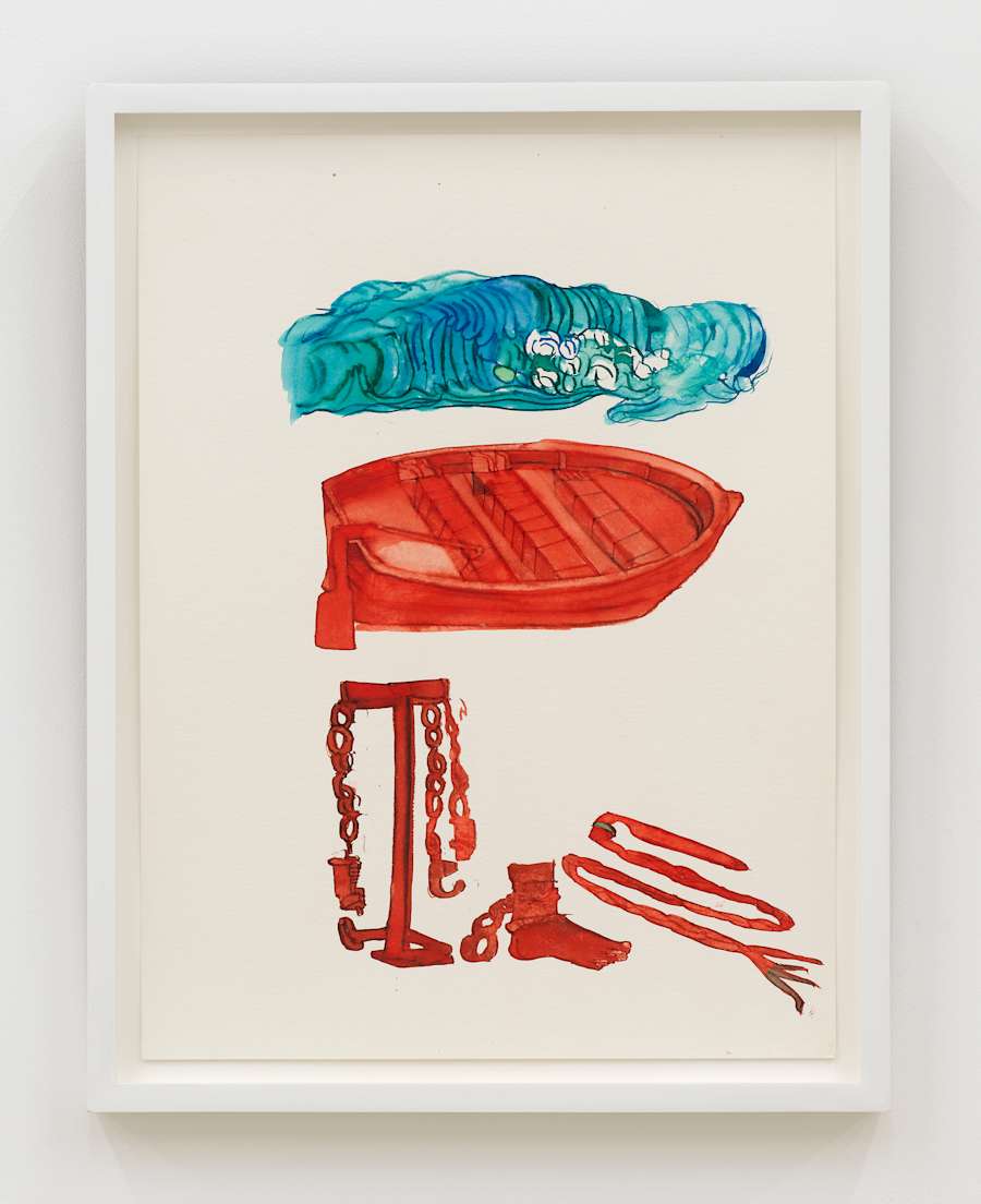 In a white frame, a handmade cartoon-like drawing depicts an abstracted boat. The dominant colors are hues of red and blue.