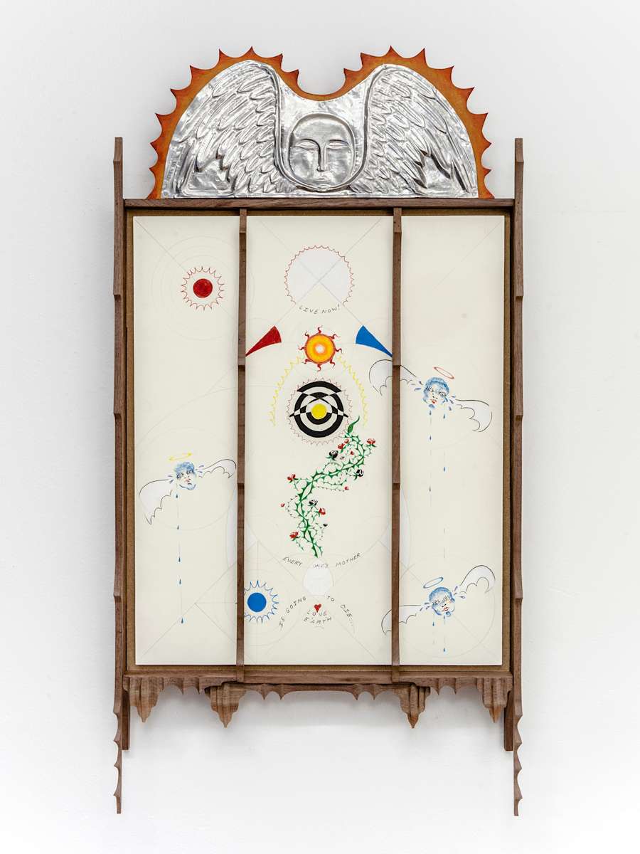 Image of Harry Gould Harvey IV drawing on paper and framed in foraged walnut wood, depicting a diagrammatic drawing with text, thorns, and angels, with a relief made in tin of an angel sitting on top, orange rays radiating out from the angel.