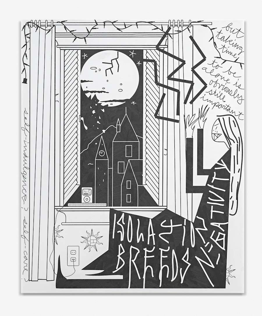 Oil on canvas painting depicting a witchy person seated in front of a window, hands emitting lightning bolts, the person's dress has text on it that says "Isolation breeds negativity" and outside of the window is a nighttime city scene with a large full moon.