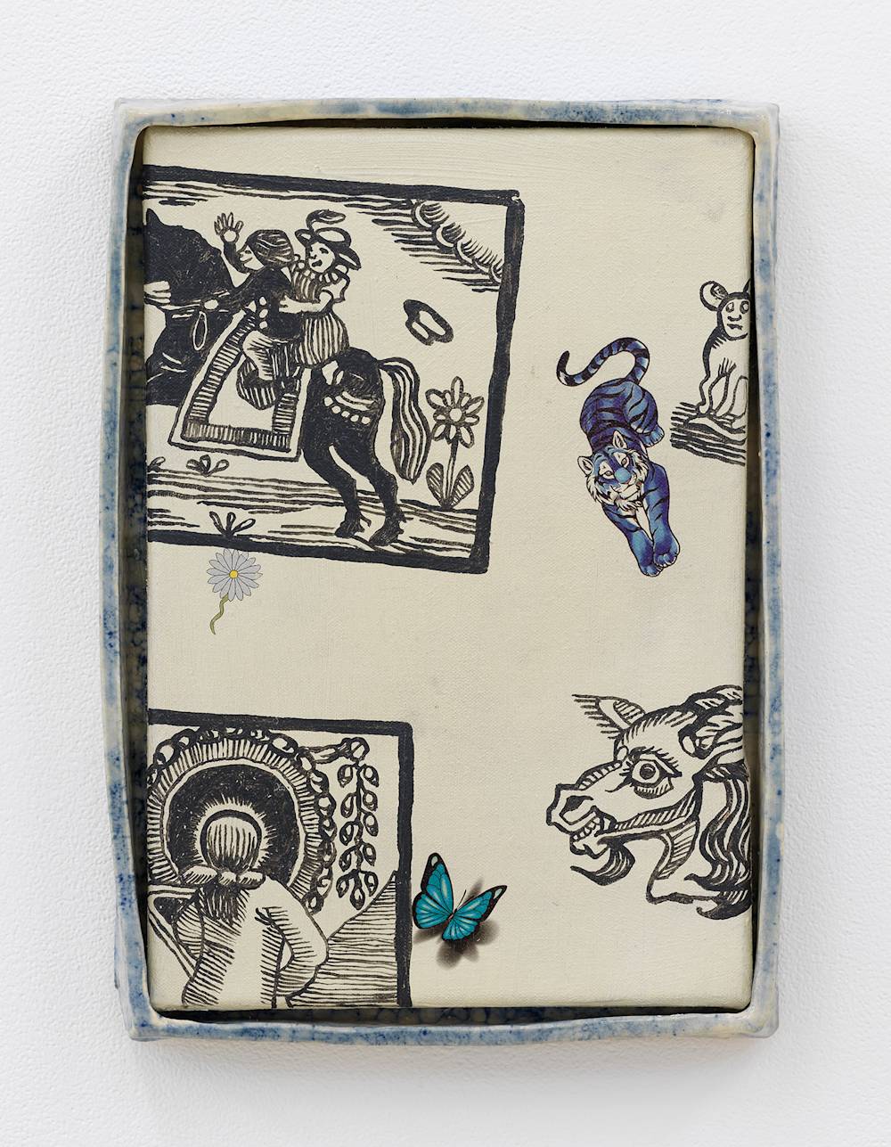 A small painting resembling a series of cartoons or illustrations depicting human forms riding a horse in a landscape. There is tiger and butterfly painted blue. The painting is in an irregularly shaped frame.