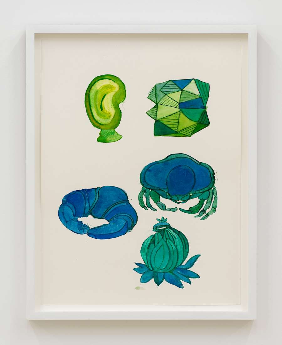 A cartoon-like handmade drawing in a white frame. The drawing is rendered in a range of blues and greens depicting an abstract, crab, croissant, ear, and other geometric shapes.