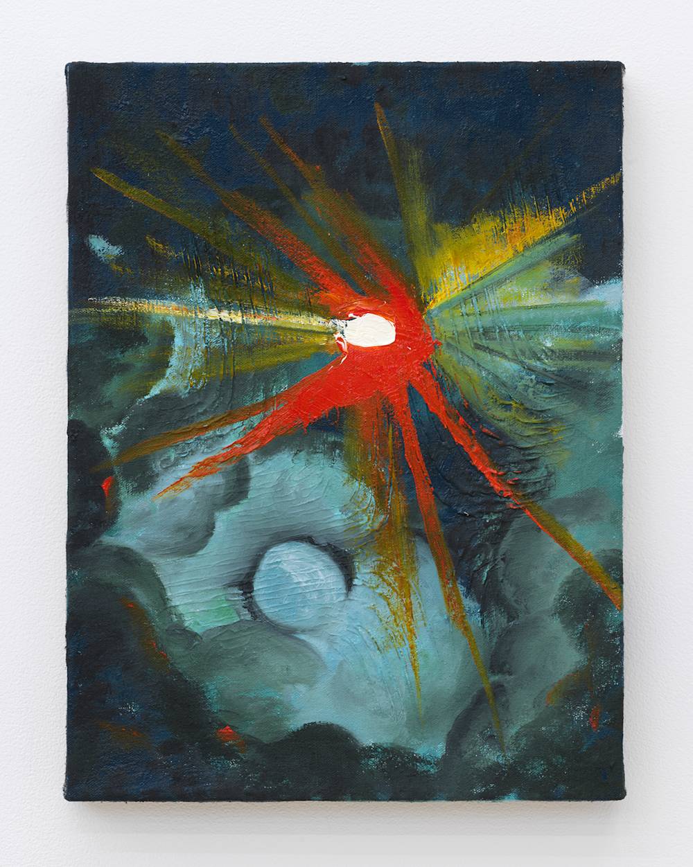 A small painting depicting an abstracted star in a dark sky. The star has bright red rays surrounding it with clouds are rendered in a range of blues and greens.