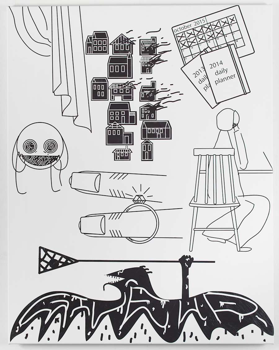 Image of an oil on canvas painting with a bat holding a lacrosse stick that says "Give Up," two fingers with a wedding ring on it, curtains and a demon, a daily planner with a person sitting at a desk, and finally a series of houses on fire.