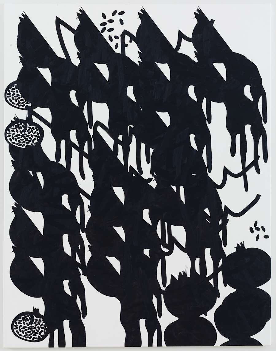 Oil on canvas painting depicting half and whole pomegranates, some in silhouette, dripping juice and expelling seeds.