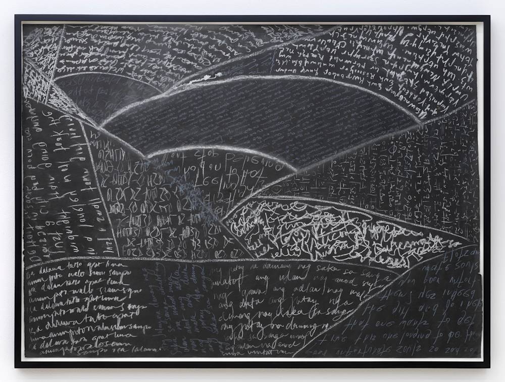 In a black frame, a series of handwritten texts in abstracted windows written in white. The paper is irregularly shaped.