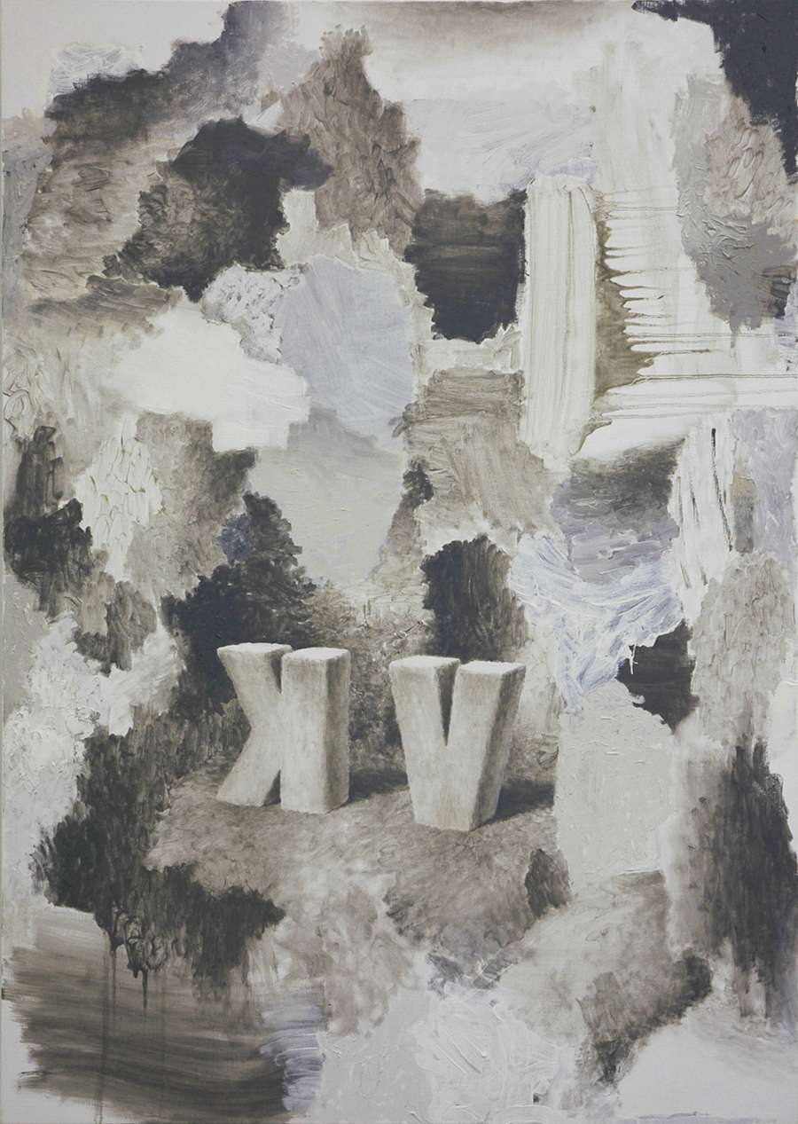 Oil on canvas painting by Viktor Kopp depicting a black and white gestural landscape with the letters "VK" rendered in reverse floating in the center of the image.