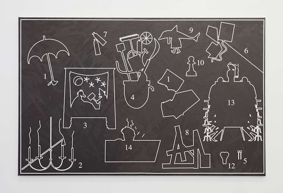 Image of an oil on canvas painting depicting outlines of the following objects: umbrella, candelabra, puppet show, kites, chess piece, dolphin with human legs, studio image.