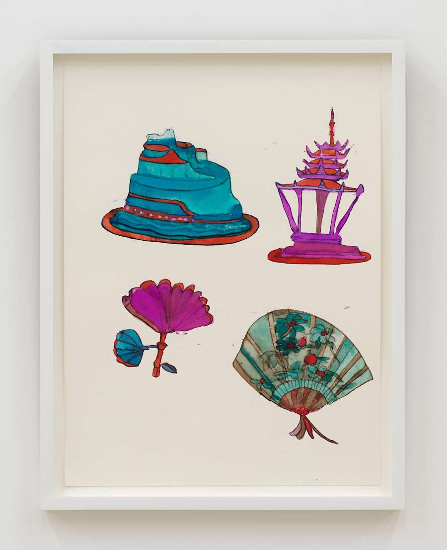 In a white frame, a handmade serious of cartoon-like drawings, depicting vague forms such as a fan and a temple. The dominant colors are hues of green, blue, red, and purple.