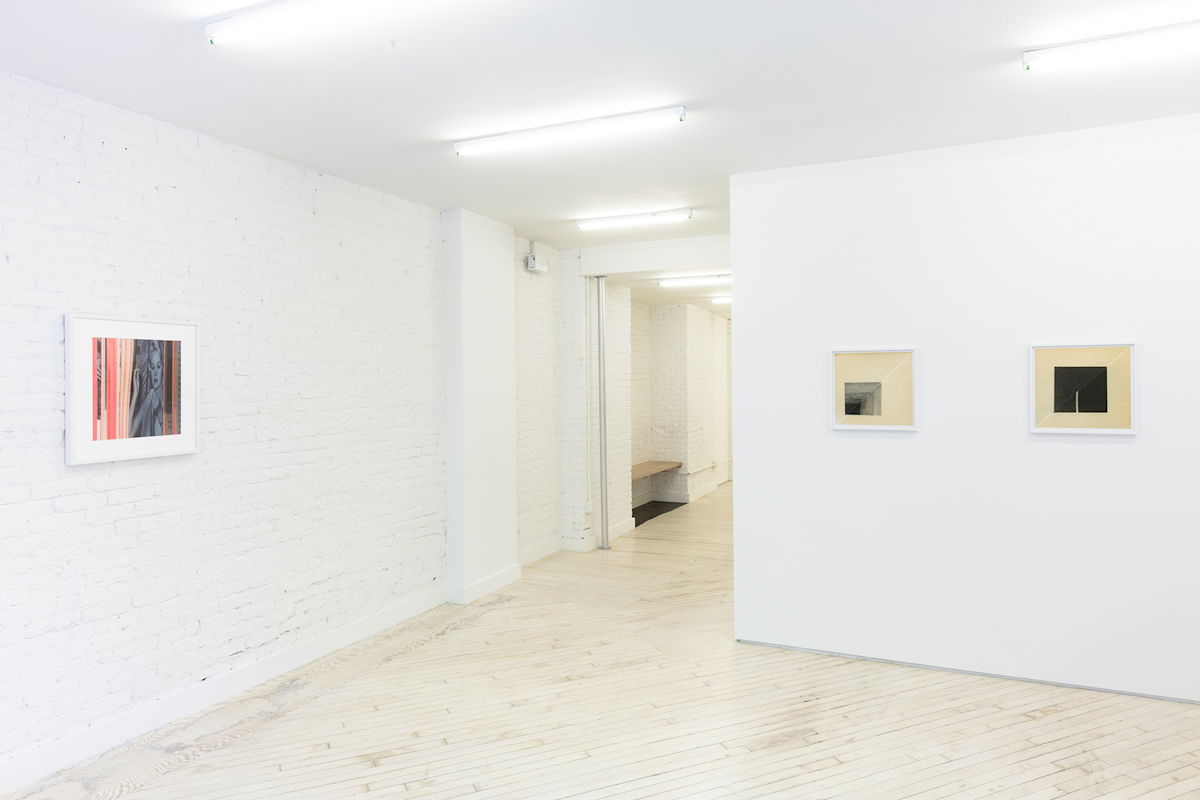 Front gallery of Bureau, three framed color abstract photographs hang, from left: Sewing, 2014, (Naked Eye), Archival pigment print, 17 x 15.5 in.; Executive Yoga, 2014, (Stills), Archival pigment print, 15 x 15.21 in.; Locked, 2014, (Stills), Archival pigment print, 15 x 15.18 in.