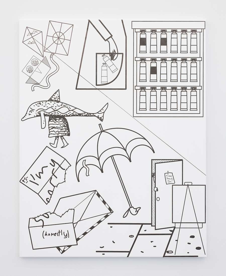 Image of an oil on canvas painting depicting an owl flying kites, someone stealing oil paints, a dolphin with human legs, an umbrella in an artist's studio, and a letter and envelope.