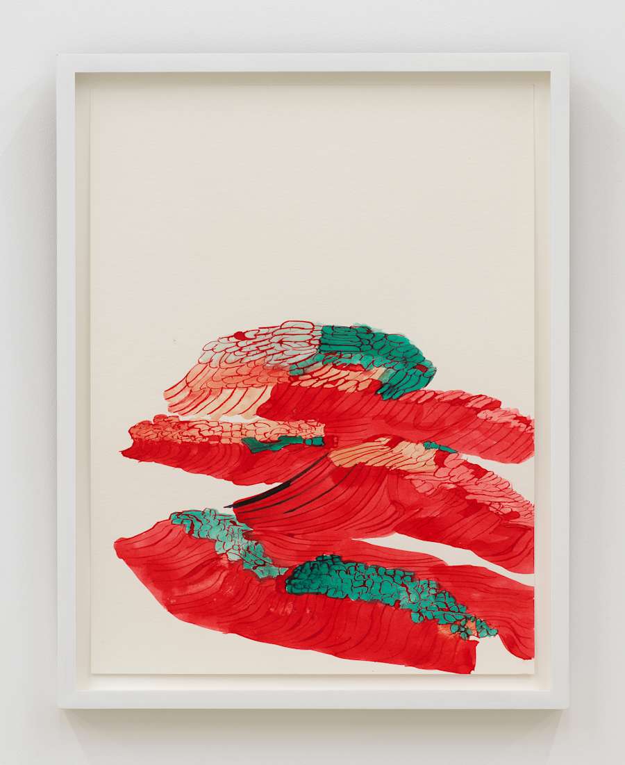 In a white frame, a handmade drawing depicting an abstract wave of color resembles pearls and curves of color. The dominant colors are hues of red and green.