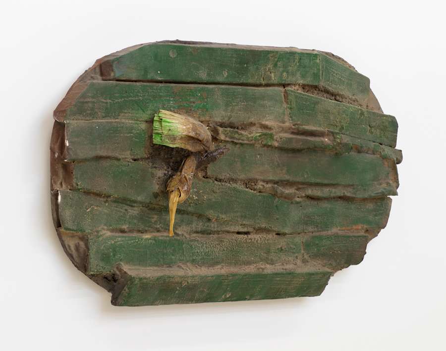 On a white wall, a rounded wall hanging sculpture consisting of numerous strips of irregular wood paneling painted green. To the left of the object is a cast vegetative-like protrusion.