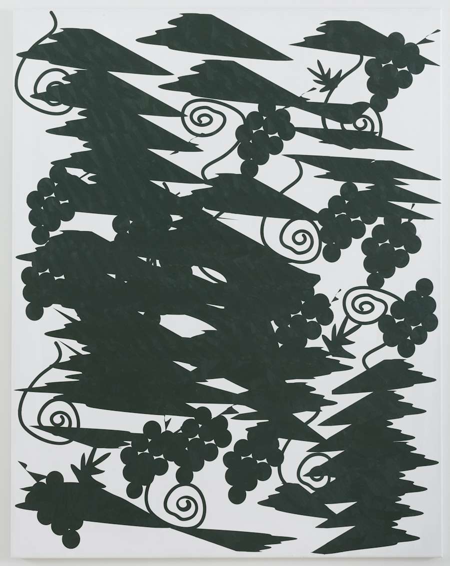 Oil on canvas painting depicting a pattern of black triangles, swirls, and grapes.