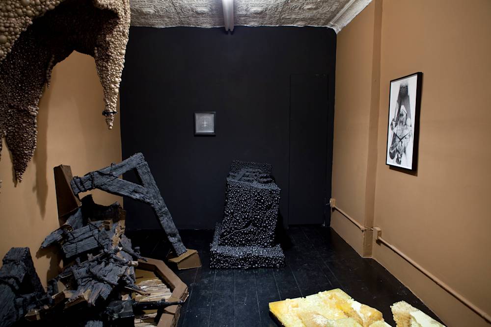 Image of a small gallery painted brown and black on the walls and floors, with cast sculptures by Lionel Maunz in brown, black and yellow.