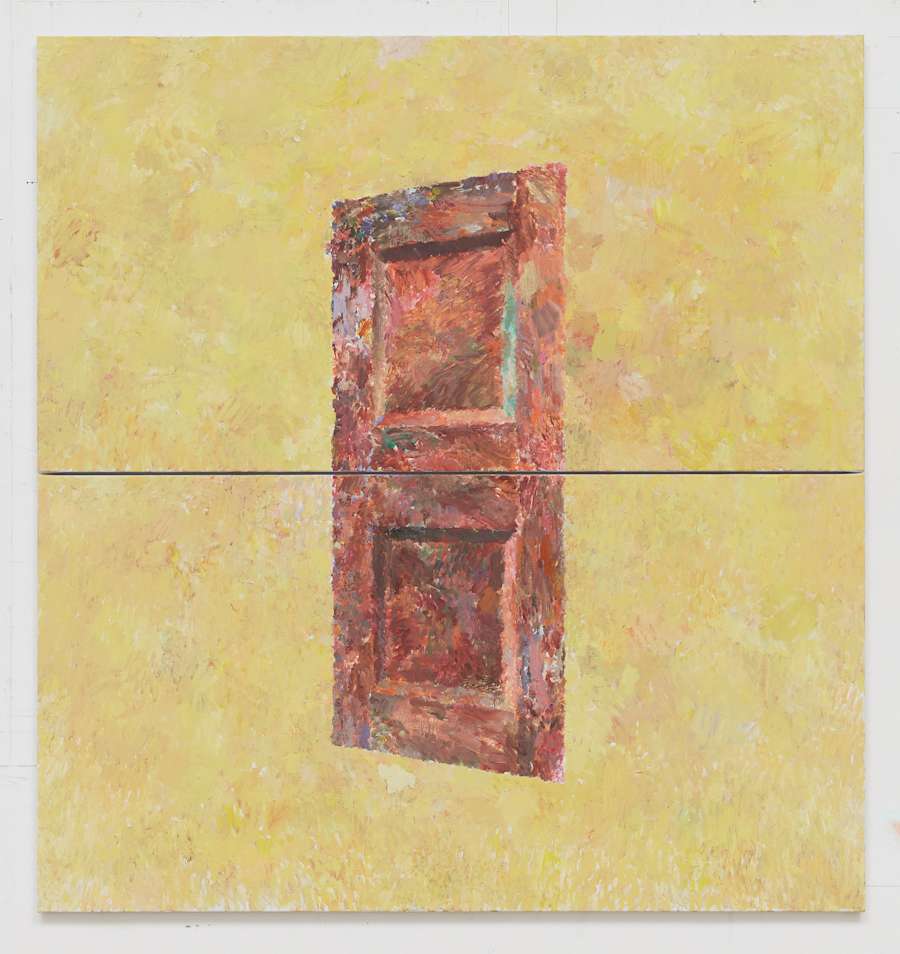 Oil on canvas painting by Viktor Kopp in two parts, split horizontally, depicting a brown door at a skewed perspective against a blank yellow background.