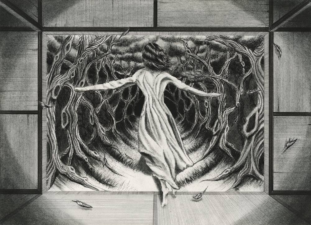 Pen drawing of a woman falling into an abyss of trees.