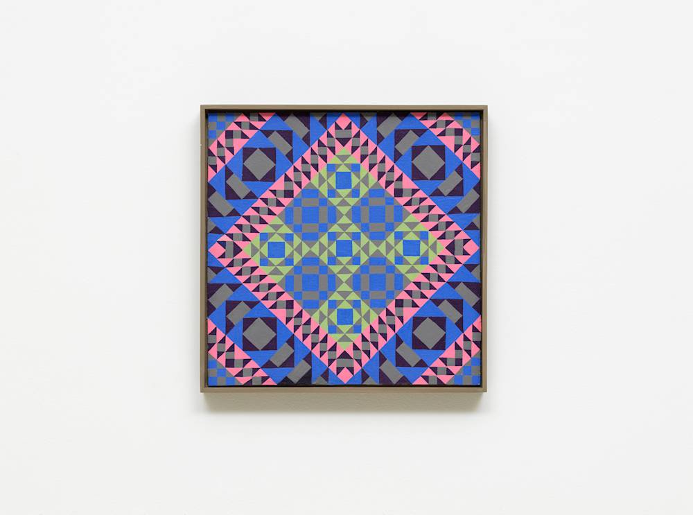 A colorful, intricate grid painting installed on a white wall.