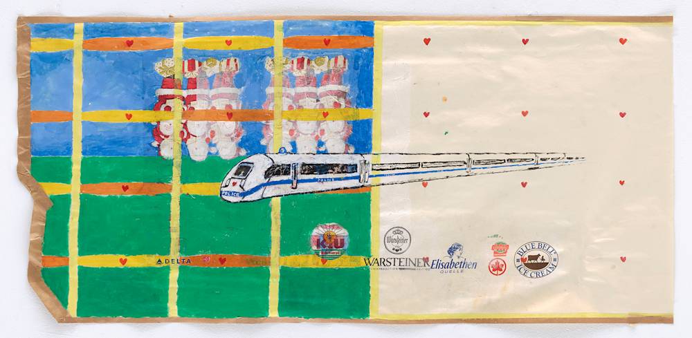 A work on paper that is irregularly shaped and scroll-like. The work depicts a moving train with the word "Police" drawn on the front. There is a "Delta" sign. Many hearts are drawn on it and there is a row of yellow bars covering an abstract landscape.