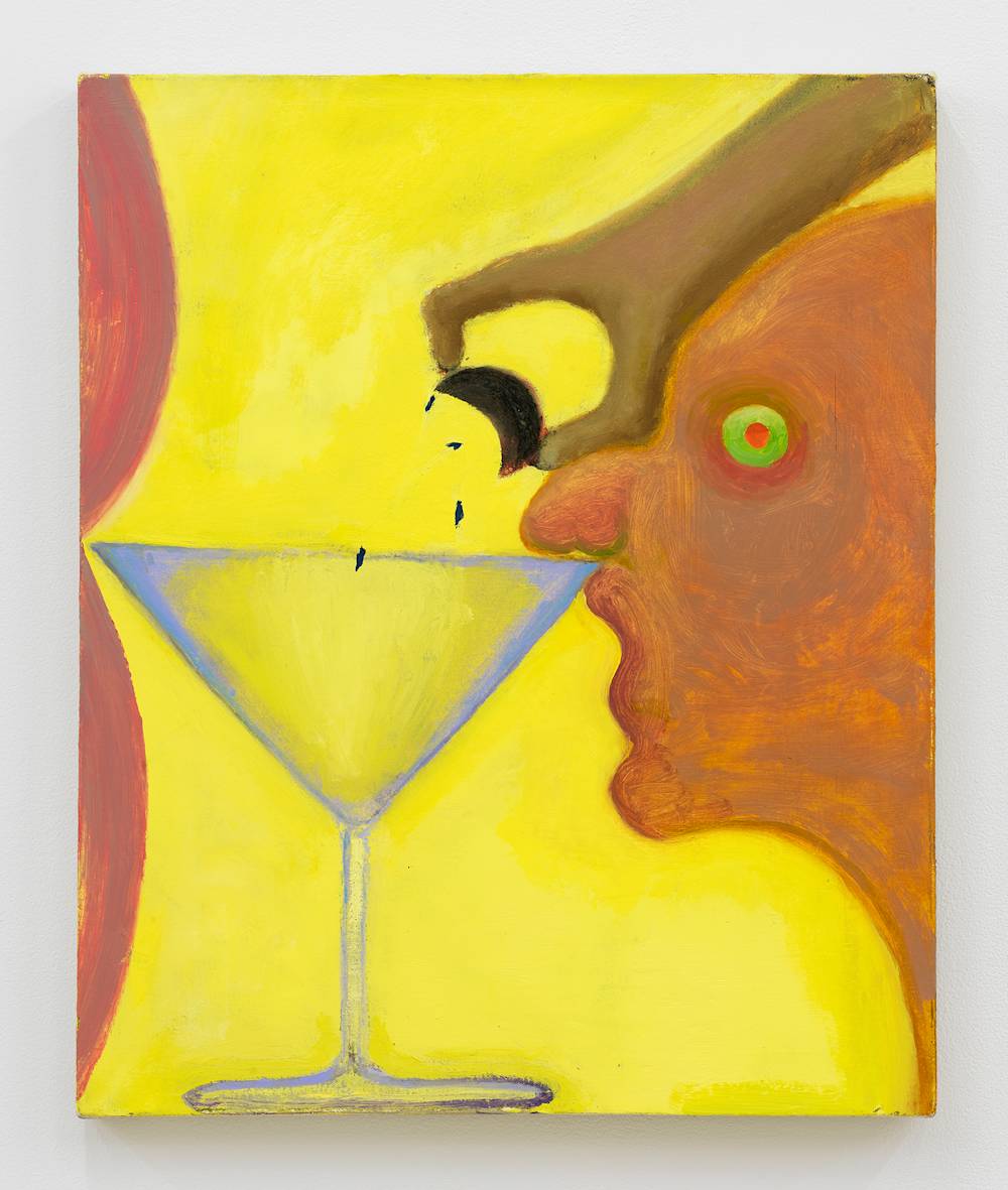 A small abstracted painting depicting a face with a green eye leaning against the brim of a martini glass. There is an abstracted hand squeezing a blackish piece of fruit into the martini glass. The dominant colors are shades of yellow, orange, and red.