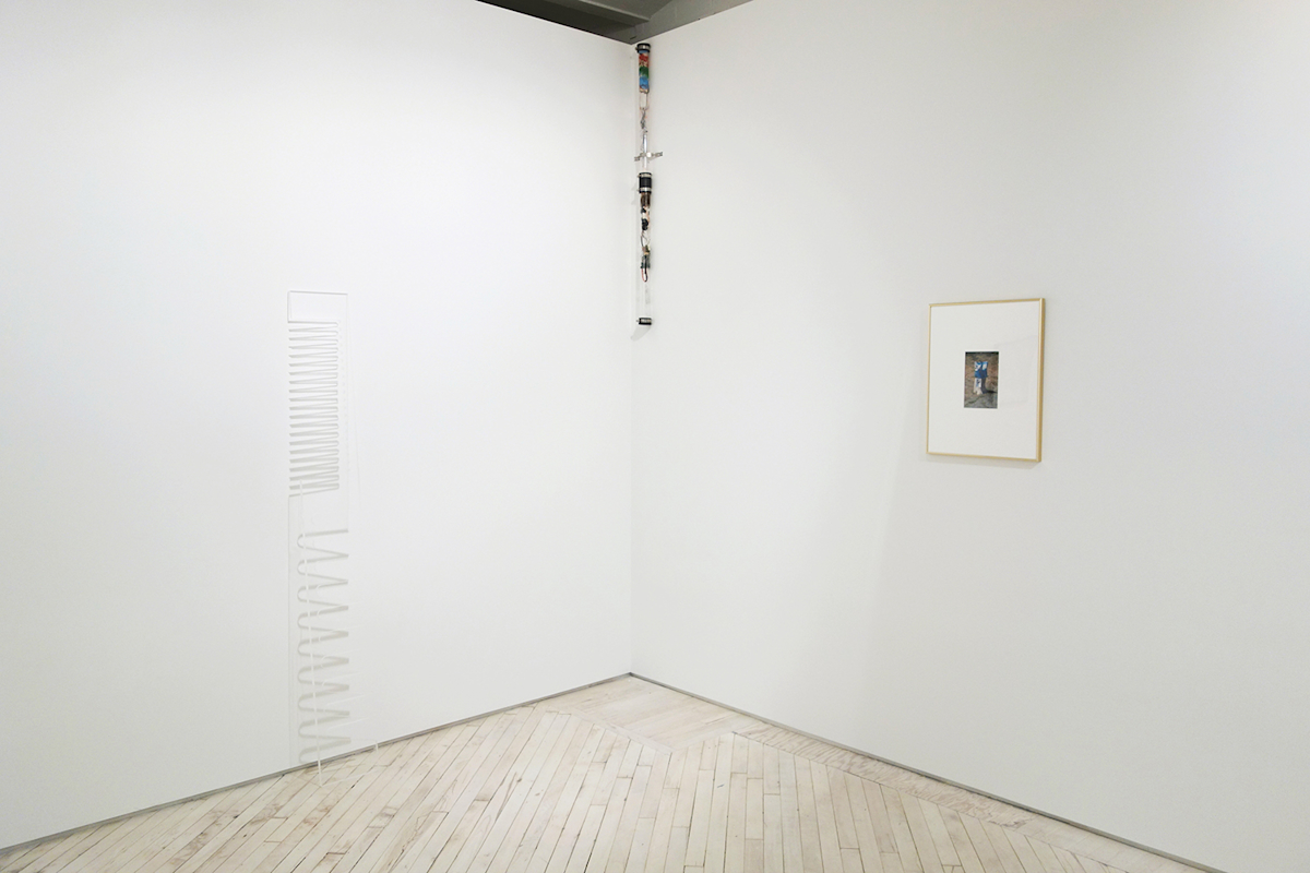 Installation view: Valerie Keane, Untitled (Comb), 2013; Jason Benson, Untitled, 2014; Mac Katter, Lost Cat, 2014. Corner view: at left, a giant hair comb made of clear acrylic, at center an acrylic tube filled with organic looking matter and at right a small framed color photograph.