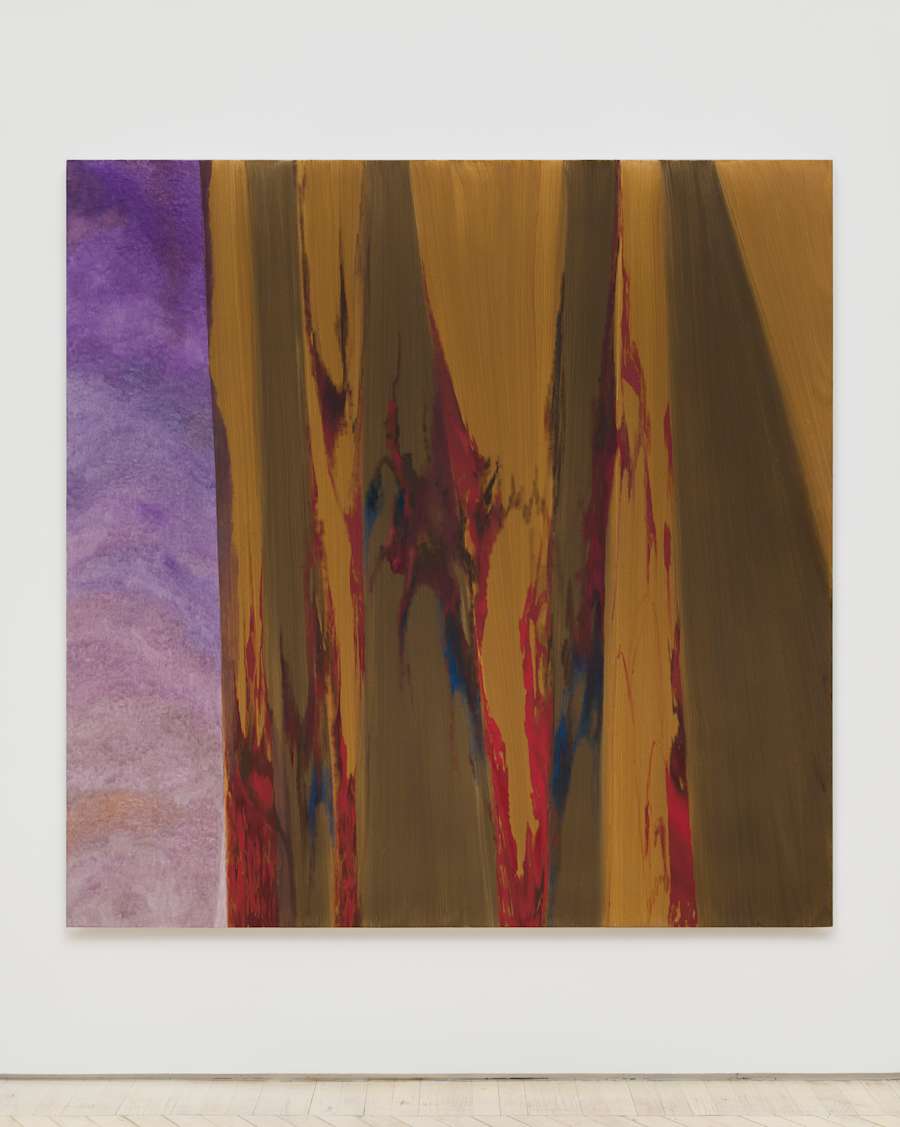 A square abstract painting with brown areas with red accents and a purple area full of brushstrokes.
