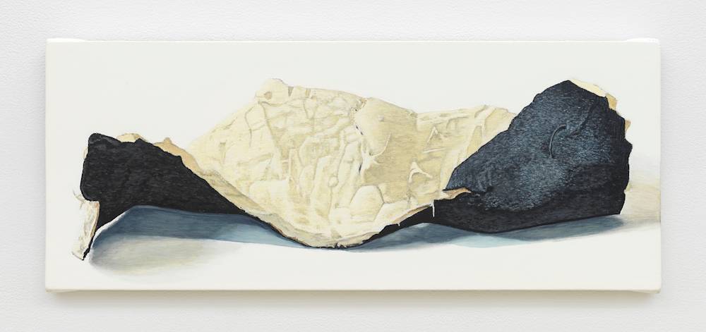 A thin horizontal painting in tones of white, cream and black/brown. An object is painted in great detail - with subtle shading and faceting. The outside of a curled piece of orange peel is blackened and the inside pith is faceted and wrinkled.