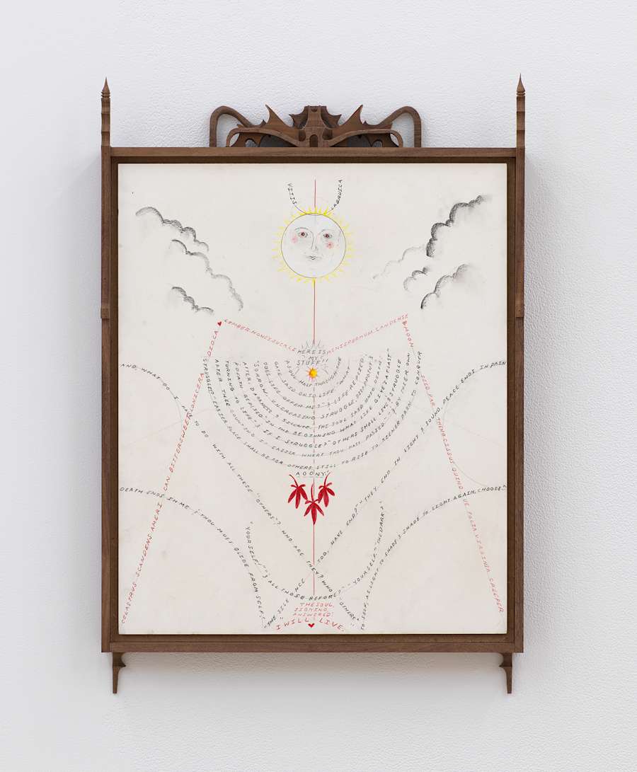 Image of Harry Gould Harvey IV drawing framed in foraged walnut wood, depicting lines of text forming a simplified stick figure with a radiant sun as a head and clouds appearing behind it, with pieces of carved walnut attached to the top and bottom of the frame.