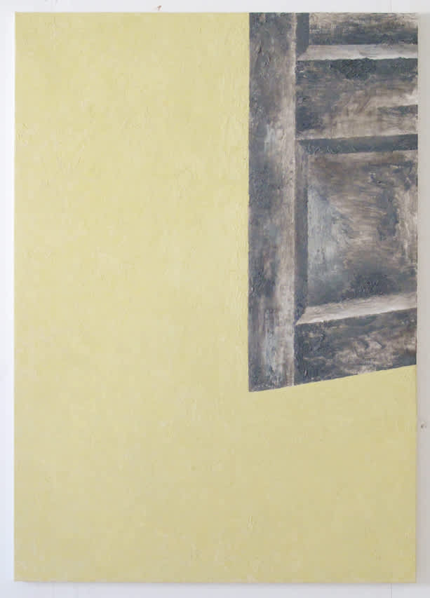 Oil on canvas painting by Viktor Kopp depicting the bottom corner of a brown door at a skewed perspective (cropped) against a yellow background.
